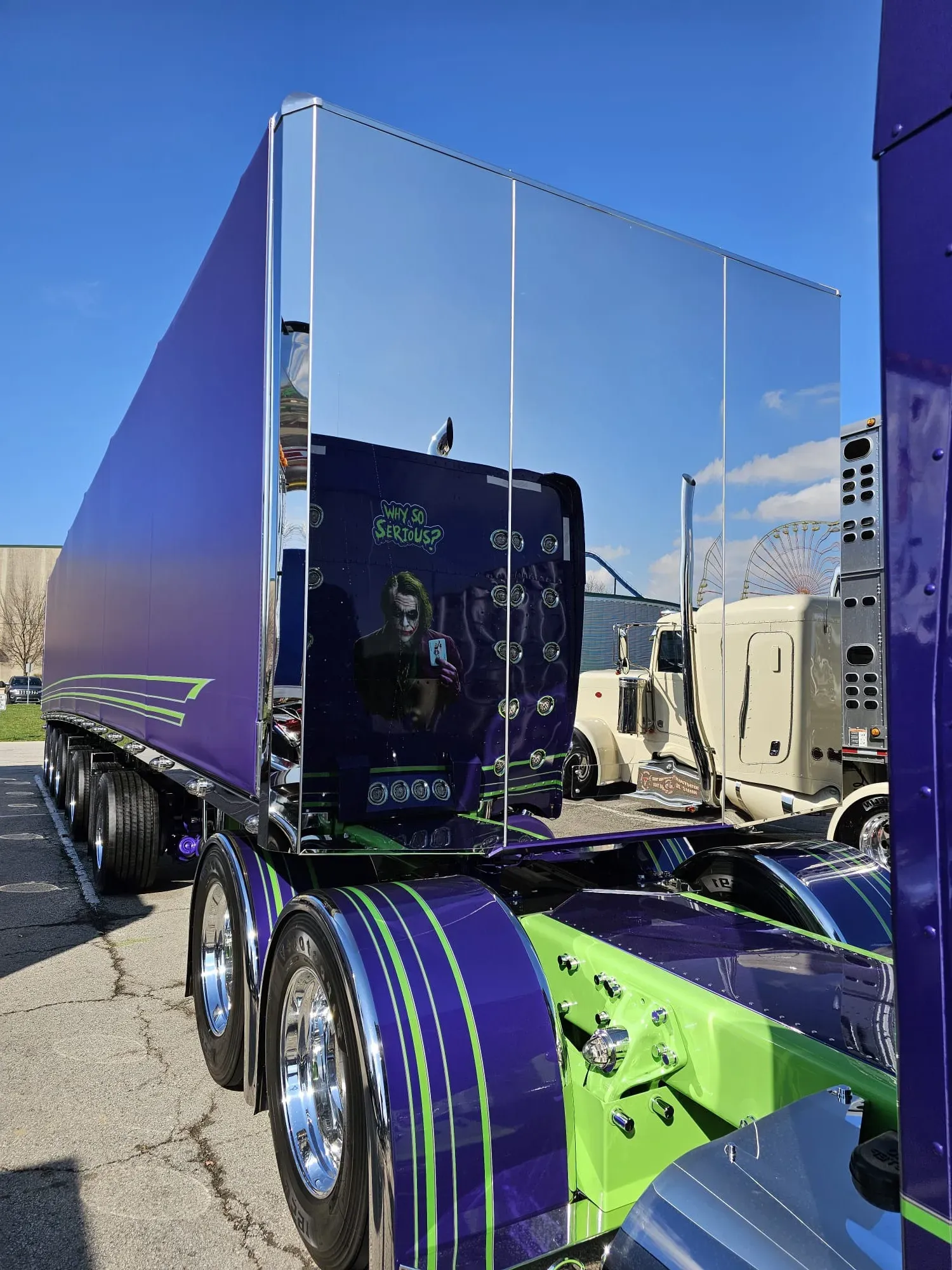 A custom truck with mirror-finish stainless trim and painted artwork